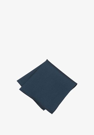 Dunkelblaue Textiltischserviette mit strukturierter Oberfläche, dreieckig gefaltet. Saubere Kanten und keine sichtbaren Muster oder Dekorationen.