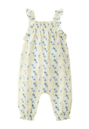Combinaison sans manches pour bébé avec motif floral bleu et feuilles beige, bretelles à volants, plissé au niveau de la poitrine, et poignets élastiques aux jambes.