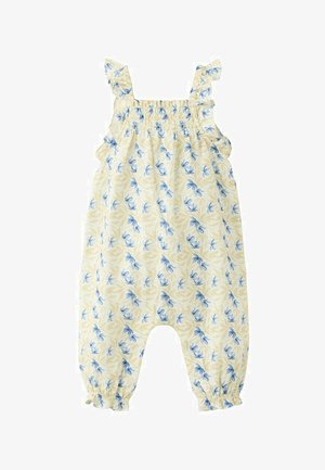 Mouwloos babyrompertje met blauw bloemmotief en beige bladeren, gerimpelde schouderbandjes, geplooide borst en elastische manchetten aan de benen.