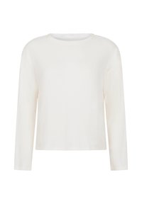 Wit langetermijn top met een ronde halslijn en ribbeltextuur. Het ontwerp is eenvoudig, met een rechte snit en zonder extra details.