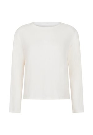 Langärmliges, weißes Oberteil mit rundem Halsausschnitt und geripptem Stoff. Das Design ist einfach, mit geradem Schnitt und ohne zusätzliche Details.