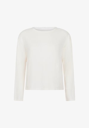 Long-sleeve white top featuring a round neckline and ribbed texture. The design is simple, with a straight cut and no additional details.