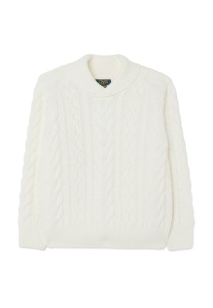 Cable-knit white sweater with a ribbed collar and cuffs. Features textured patterns throughout the body and a relaxed fit design.