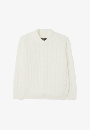 Witte kabelgebreide trui met een geribde kraag en boorden. Heeft textuurpatronen over het hele lijf en een relaxte pasvorm.