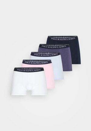 Cinq paires de boxers pour hommes avec une ceinture noir "POLO RALPH LAUREN", dans les couleurs blanche, rose, bleu clair, violet et marine.