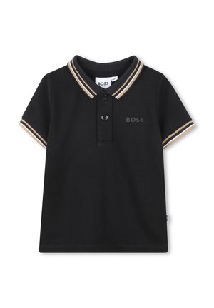 Zwarte polo met korte mouwen, voorzien van een beige en witte gestreepte kraag en mouwen, twee zwarte knopen en een "BOSS" logo op de borst.