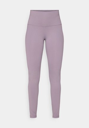 High-waisted, lavender leggings made of stretchy fabric with a smooth texture and no visible patterns or hardware.