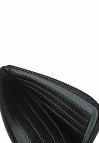 Black wallet with a zip closure, featuring multiple card slots and a smooth lining. Interior shows a contrasting fabric in dark green.
