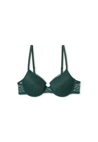 Turquoise kanten beha met gevoerde cups en gegolfde randen. Verstelbare bandjes en een haak-en-oogsluiting aan de achterkant. Kanten detail met patroon.