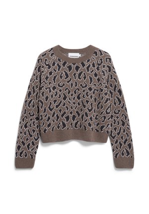 Brown sweater with leopard print in black and cream. Ribbed neckline and hem, cropped design, knit texture. Long sleeves.