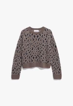 Bruine trui met een panterprint in zwart en crème. Geribbelde halslijn en zoom, cropped ontwerp, gebreide textuur. Lange mouwen.