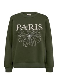 Donkergroene longsleeve sweatshirt met een grote witte bloemomtrek en het woord "PARIJS" boven de bloem op de voorkant gedrukt.