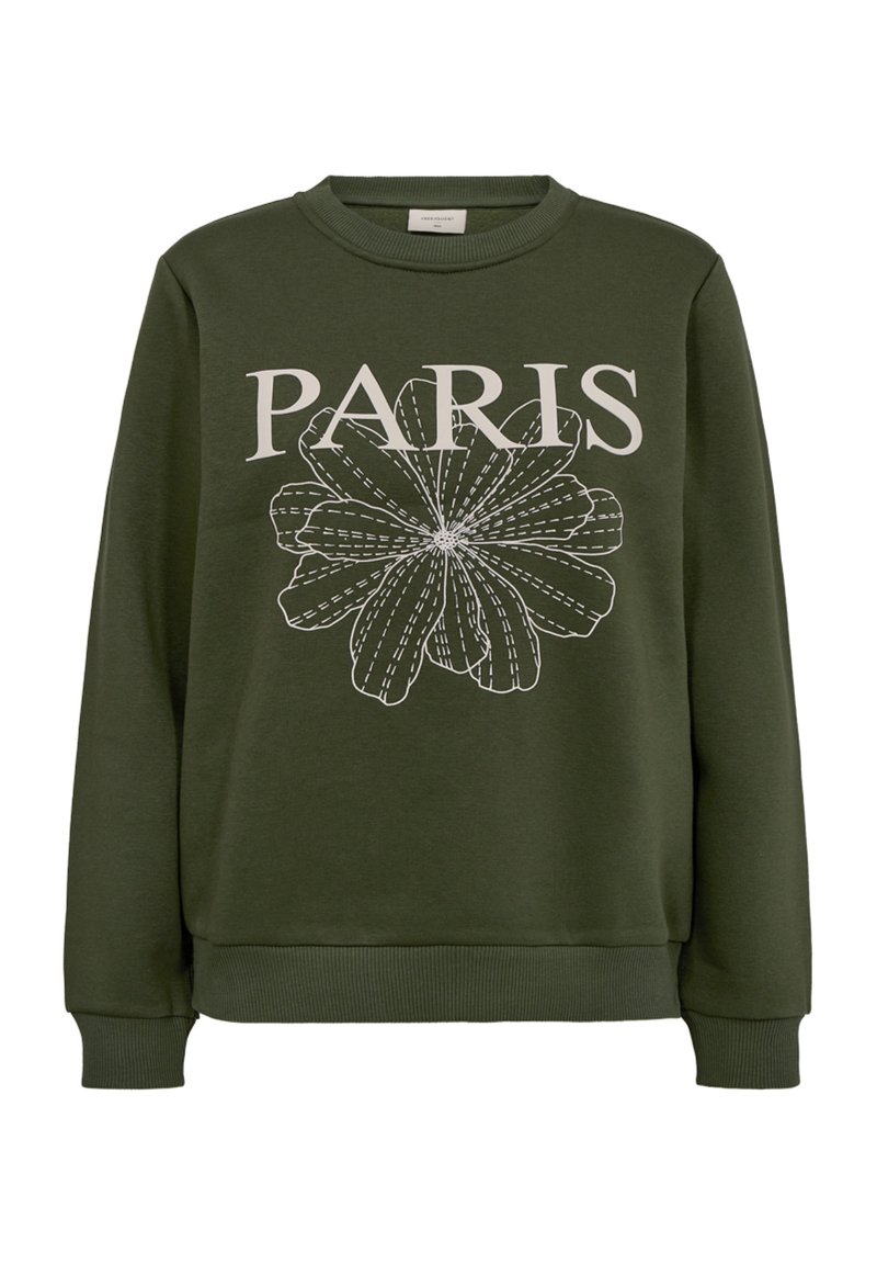 Donkergroene longsleeve sweatshirt met een grote witte bloemomtrek en het woord "PARIJS" boven de bloem op de voorkant gedrukt.