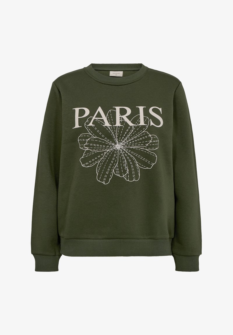 Donkergroene longsleeve sweatshirt met een grote witte bloemomtrek en het woord "PARIJS" boven de bloem op de voorkant gedrukt.