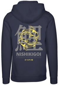 Navy blue hoodie featuring a large yellow graphic of two koi fish, with "NISHIKIGOI" and Japanese text in bold lettering below.