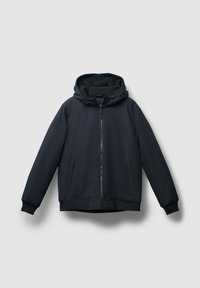 Giacca a zip nera in tessuto leggero con tasche laterali e polsini elasticizzati. Presenta un cappuccio foderato per maggiore calore.