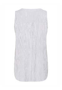 Top senza maniche di colore bianco con sottili righe verticali grigie. Presenta un collo arrotondato e un dettaglio a pieghe sul retro per una maggiore texture.