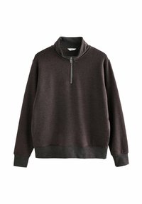 Donkergrijze sweatshirt met een hoge kraag, een kwart-rits aan de voorkant en een gladde textuur, met een contrasterende donkerdere tailleband en manchetten.