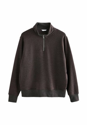 Mørkegrå sweatshirt med høj krave, kvart-lynlås foran og en glat overflade, der har en kontrasterende mørkere talje og manchetter.