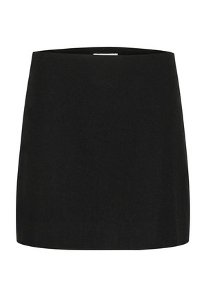 Crna mini suknja od teksturiranog materijala, jednostavnog ravnog kroja bez vidljivih ukrasa ili uzoraka.