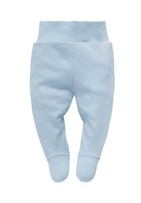 Lichtblauwe babybroek van zacht stof met een geribbelde tailleband en gesloten voetjes. Heeft een gladde textuur en een gebogen beenvorm.