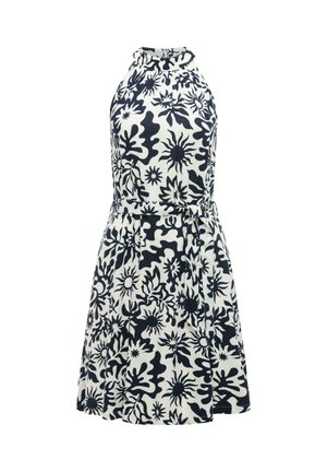 Mouwloze halterjurk met ceintuur, voorzien van een zwart-wit abstract bloemenpatroon, uitlopende rok en lichtgewicht stof.