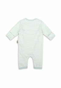 Body de bébé à manches longues, avec des rayures horizontales bleu clair et blanches, présenté de dos sur un fond blanc.