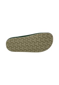 Soletta di scarpa con parte superiore in tessuto verde scuro e suola in gomma beige texturizzata con un motivo ondulato e indicazione della taglia "37."