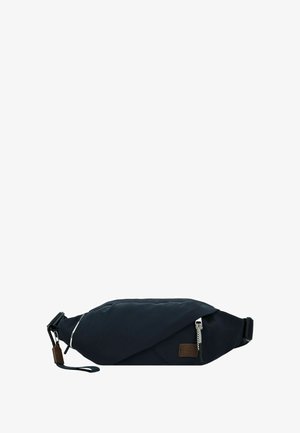 Marsupio in nylon blu navy con chiusura con zip, cinturino regolabile, dettagli in pelle e superficie con texture.