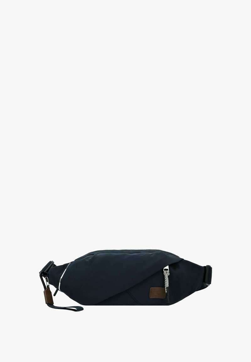 Riñonera de nylon azul marino con cierre con cremallera, correa ajustable, acentos de cuero y detalles en superficie texturizada.