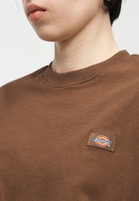 Κοντινό πλάνο του κάτω μέρους του προσώπου και του λαιμού ενός ατόμου που φοράει καφέ πουκάμισο με στρογγυλή λαιμόκοψη και μικρό λογότυπο Dickies στο στήθος.