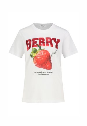 White T-shirt with a large red strawberry graphic, "BERRY fruit" text, and smaller text promoting fruit and health.