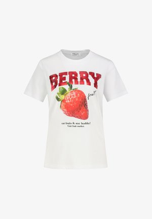 White T-shirt with a large red strawberry graphic, "BERRY fruit" text, and smaller text promoting fruit and health.