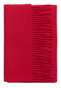 Klar rød, foldet uldhalstørklæde med jævnt fordelte frynser langs den ene kant på hvid baggrund.