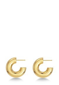 Pendientes de aro de oro con un diseño moderno y redondeado. Superficie lisa y reflectante con una abertura distintiva en la forma circular. Patillas para sujeción.