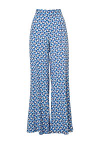 Blauwe, gedessineerde wijde broek met een geometrisch patroon in wit en bruin. Zachte stof, hoge taille voor een relaxte fit.