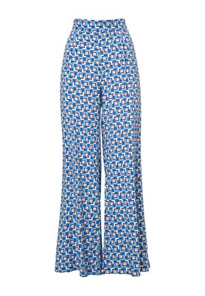 Blue patterned wide-leg trousers featuring a geometric design in white and brown. Soft fabric, high-waisted cut for a relaxed fit.