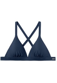 Top de bikini triangular azul marino con tela texturizada, tirantes cruzados ajustables y una costura fruncida en la parte inferior para mayor soporte.