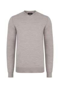 Jasnoszara, dzianinowa bluzka z dekoltem w serek, z długim rękawem. Posiada ściągacze na mankietach i na dole, co nadaje dopasowany wygląd. Prosty i klasyczny design.