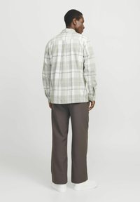 Camisa a cuadros en gris y blanco con acentos verdes, cuello con solapa, mangas largas y puños de botón; combinada con pantalones marrones y zapatillas blancas.
