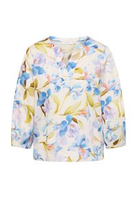 Blumenbluse aus leichtem Stoff mit einem Popover-Ausschnitt; mit blauen und lila Blumen auf einem cremfarbenen Hintergrund; Dreiviertelärmel.