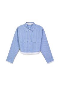 Kurzärmliges blaues Hemd mit vertikalen weißen Streifen, Knopfleiste, zwei Brusttaschen und weißem Saum an den Bündchen und am unteren Rand.