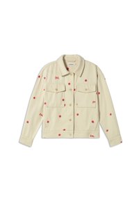 Crème denimjack met rode bloemembroideries, twee borstzakken, een kraag en knoopsluiting. Zachte textuur, casual ontwerp.