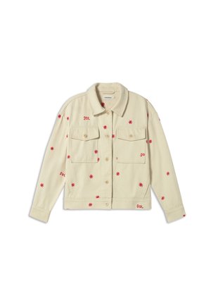 Crème denimjack met rode bloemembroideries, twee borstzakken, een kraag en knoopsluiting. Zachte textuur, casual ontwerp.