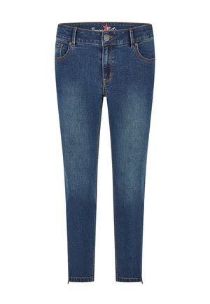 Mørkeblå slim-fit jeans med forlommer, bæltestropper, knaplukning og små lynlåse ved ankelafslutningerne.