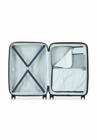 Harde koffer met een zwarte buitenkant. Interieur met blauw-wit gestreepte voering, mesh zak, kruisriemen en een ritscompartiment.