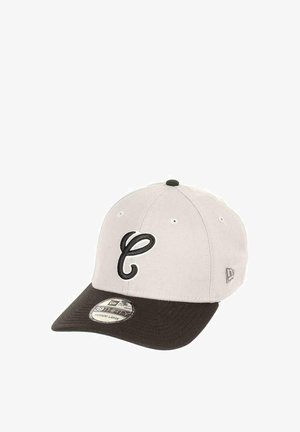 Light gray cap with a black brim. Features an embroidered black "C" on the front. Includes a New Era tag on the brim for sizing details.