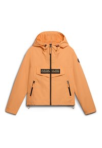 Oranje waterdichte jas met capuchon, zwarte rits en twee zijzakken. Bevat een opvallend logo op de borst en verstelbare trekkoorden.