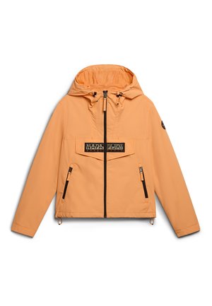 Oranje waterdichte jas met capuchon, zwarte rits en twee zijzakken. Bevat een opvallend logo op de borst en verstelbare trekkoorden.