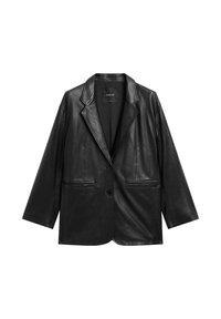 Zwarte leren blazer met een gestructureerd ontwerp, gepuntige revers, twee voorzakken en een enkele knoopsluiting. Glad textuur door het geheel.